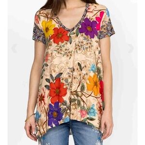 JOHNNY WAS Archibal Drape Tee Sz S Floral V-Neck Tunic Flowy Bamboo NWOT Boho